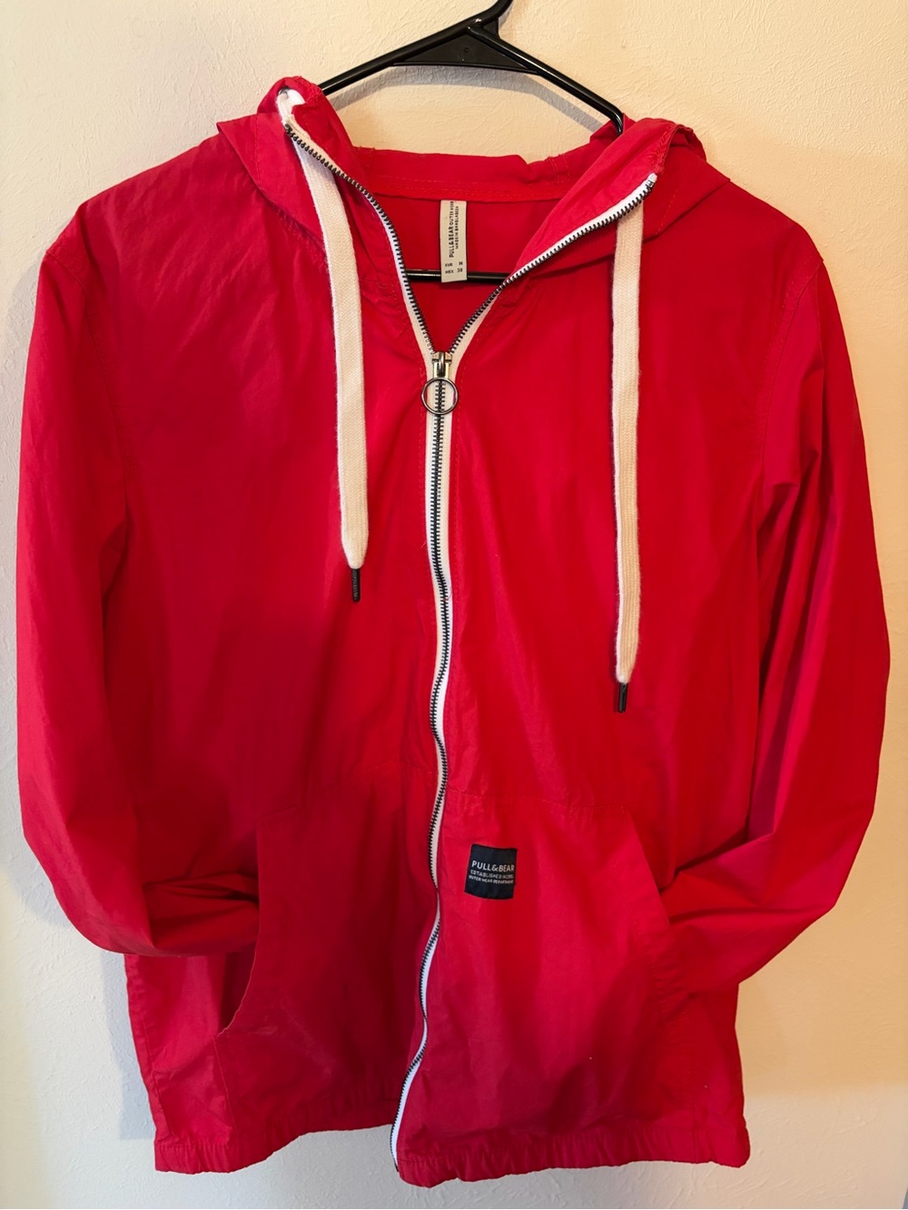 Pull&Bear Red Hooded Zip-Up Jacket with White Drawstrings